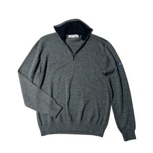 Italian Wool Blend Gray Quarter Zip Up Sweater with Ribbed Cuffs and Hem
